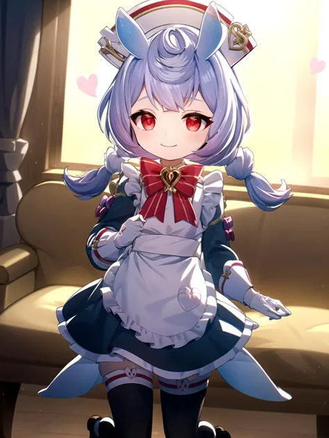 Animal ears, Maid dress, smile, (Yellow metal room:1.2), Full body, masterpiece, best quality, <lyco:sigewinne:1.0>, red eyes, pale purple hair, (Bows on dress:1.1), Pink bows