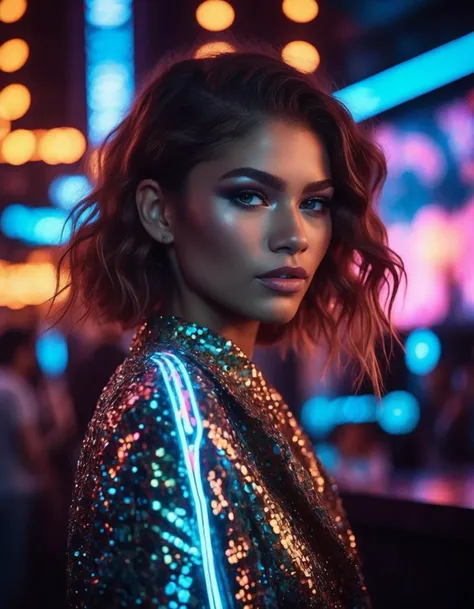 a woman in a sequinned jacket standing in front of a neon lit nightclub