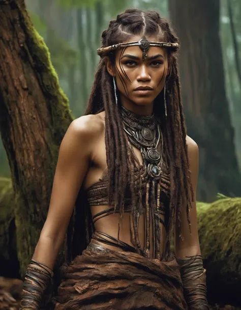 a woman with dreadlocks and a necklace in a forest