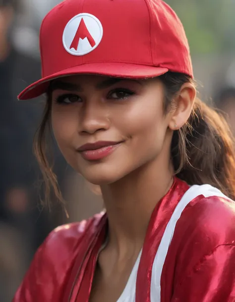 a close up of a woman wearing a red hat and a red jacket