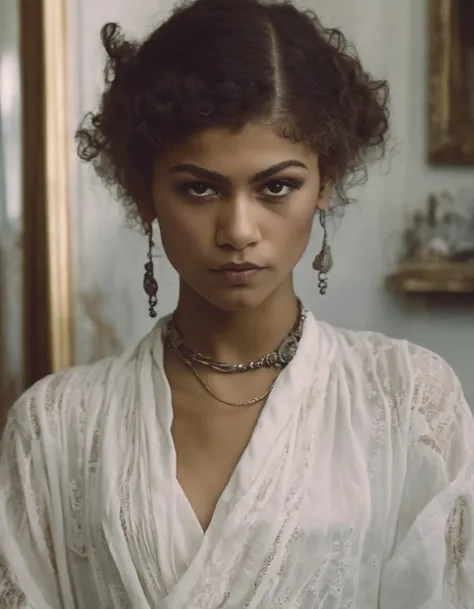 a woman with a white dress and a necklace in a room