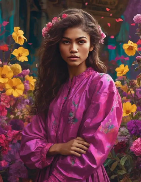 a woman in a pink dress standing in a garden of flowers