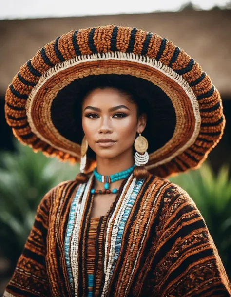 a woman wearing a large hat and a dress with a fringe