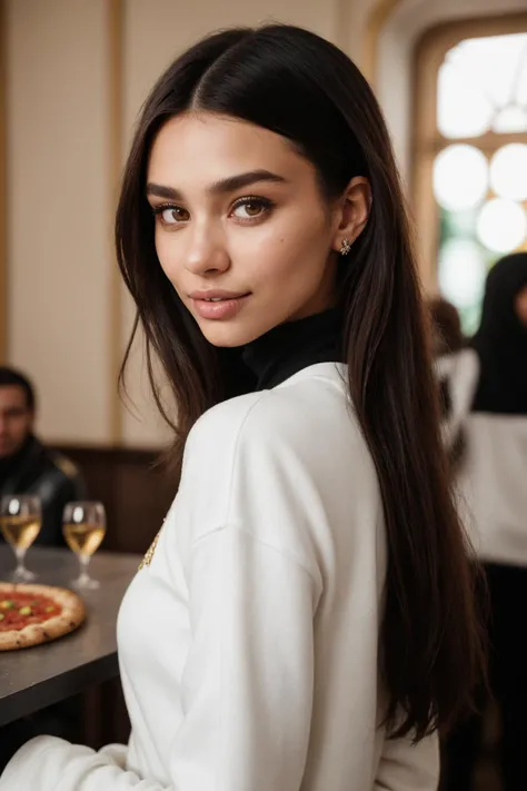 (Art Photography, Award Winning) Italian Model, DV_Cleopetra_Vicious is wearing (black leggings, a white sweat shirt and boots), at small pizza place in italy, by Steve McCurry, 35mm, F/2.8, ((Photo Focus, DOF, Aperture, insanely detailed and intricate, ch...