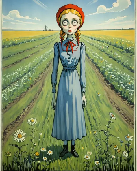 a painting of a woman in a blue dress standing in a field