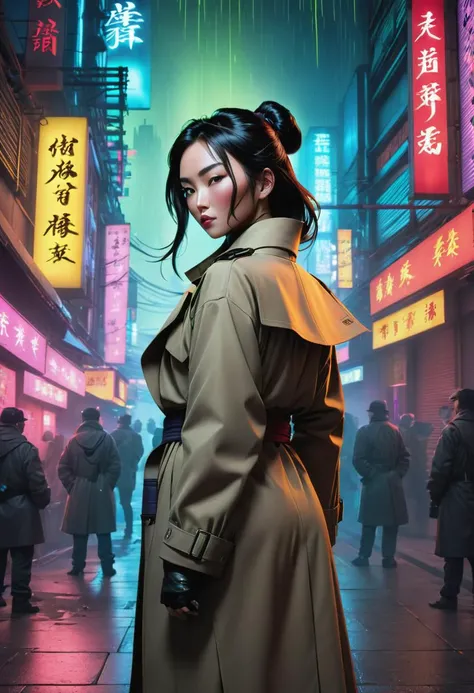 Mulan, Filters effect, back spot lighting, cyberpunk looking at camera, Trench Coat,