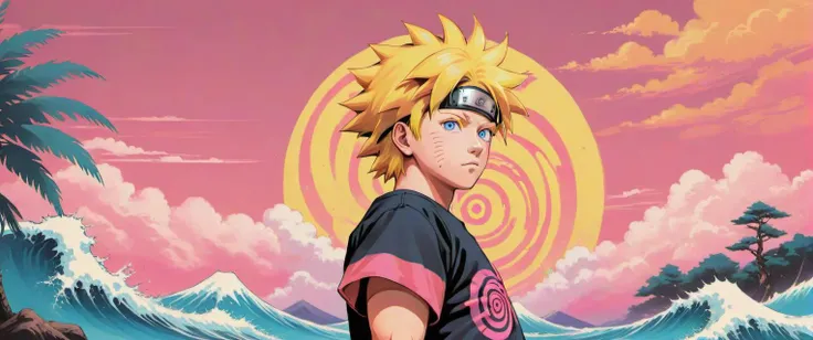 Graphic t-shirt
design, 90s Japanese
retrowave music
summer uzumaki naruto, solid
background.