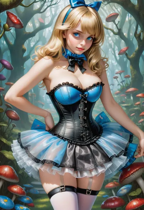 Alice in Wonderland wearing a tight corset and translucent Mini-skirt