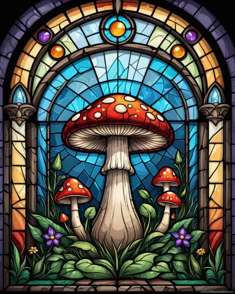 a stained glass window with a mushroom and flowers