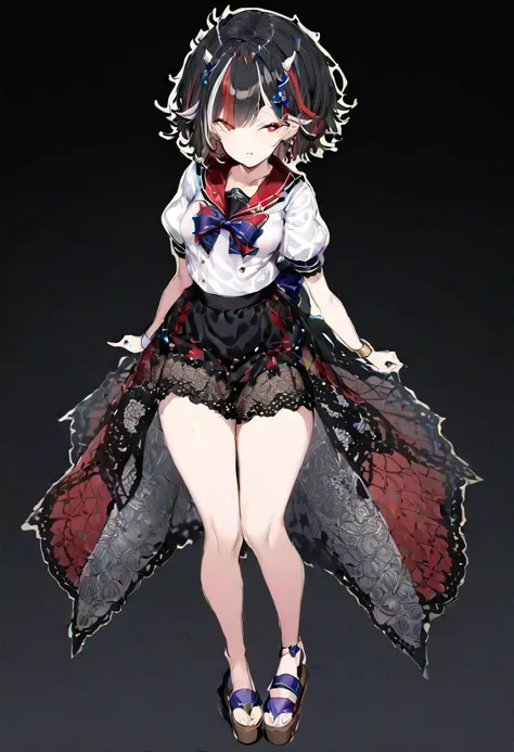 masterpiece, best quality, ultra-detailed, beautiful, nai3, 1girl, solo, full_body, tachi-e, 
kijin_seija, solo, 1girl, too_many_lace, lace, skirt, ribbon, multicolored_hair, jewelry, puffy_sleeves, short_sleeves, earrings, puffy_short_sleeves, bowtie, bla...