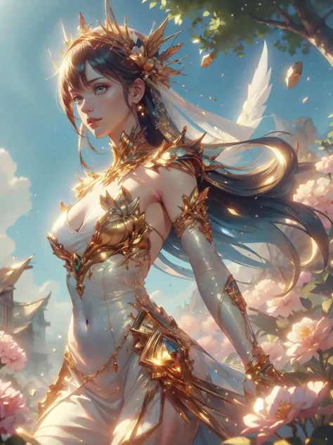 ((best quality, masterpiece, absurbres, super-resolution)),midasmagic,golden aura,glint,<lora:MidasMagic:1>,a woman in a white dress standing in front of a tree with pink flowers on it and a blue sky,detailed,