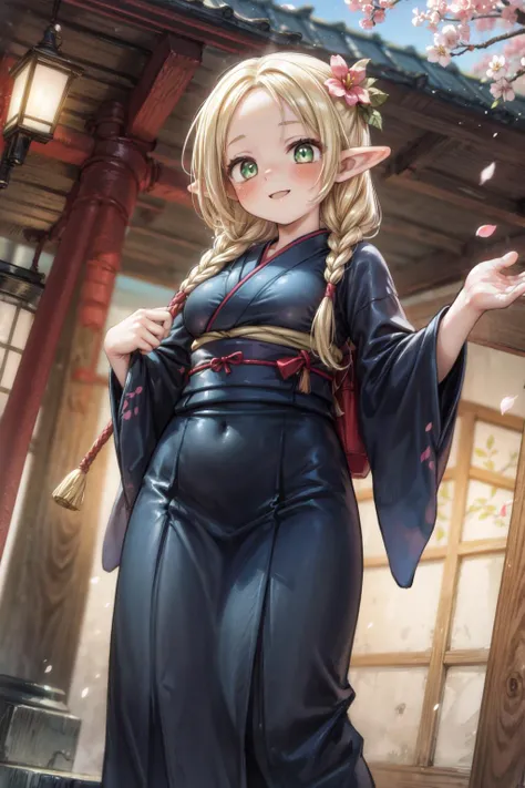 masterpiece,best quality,1girl,solo,medium breasts,wide hips,marcille donato,elf,pointy ears,blonde hair,long hair,twin braids,green eyes,hair ribbon,red ribbon,forehead,yukata,kimono,obi,print kimono,japanese clothes,hair flower,cherry blossoms,petals,smi...