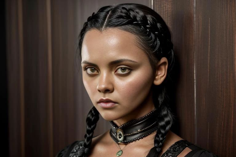 chri5tinaricci9899, black hair, (double braid:1.4), dark brown eyes, bored, sad, wearing an all-black Victorian dress with a white collar, cameo, indoors, hallway, weathered wood, torn wallpaper, <lora:Christina_Ricci_9899_PMv1_Lora:1.3>,, detailed skin te...