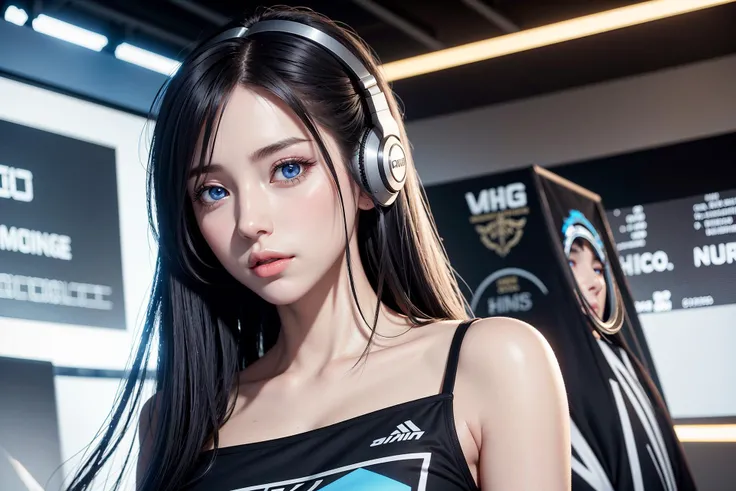 realistic,photorealistic,best quality,masterpiece,1 Girl, white skin, long hair with slight curls, black hair,detailed beautiful big eyes,blue eyes, exquisite features, features details, futuristic fashion cool clothes, cool headphones, perfect body, long ...