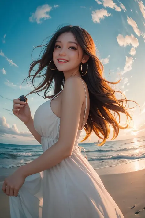 <lora:AudreyHepburn:0.8>,1girl,(fisheye:1.1),sea,wind,messy hair,sunset,beach,(aesthetics and atmosphere:1.2),long hair,orange sunmer dress,light smile,happy,<lora:FujiVelvia50:1>,<lora:lit:0.2>,shallow depth of field,wavy hair,hoop earrings,hair ribbon,la...