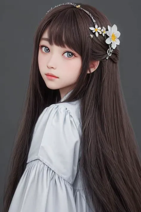 long hair starry flower hair clip, in the style of high quality photo, dansaekhwa, barbizon school, minimalist beauty, 32k uhd, dark brown and gray, shiny eyes