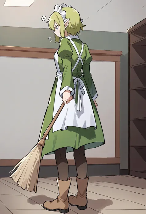 a woman in a green dress holding a broom in a room