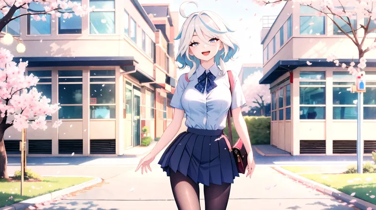 1girl,focalors (genshin impact) solo,school uniform,white shirt,sweater,pleated skirt,pantyhose,light smile,double v,looking at viewer,smile,open mouth,outdoors,street,cherry blossoms,petals,depth of field,masterpiece,
<lora:Char-Genshin-Furina-v2:0.9>,