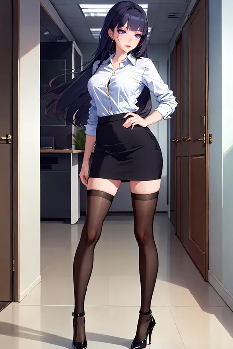 anime girl in short skirt and high heels posing in a hallway