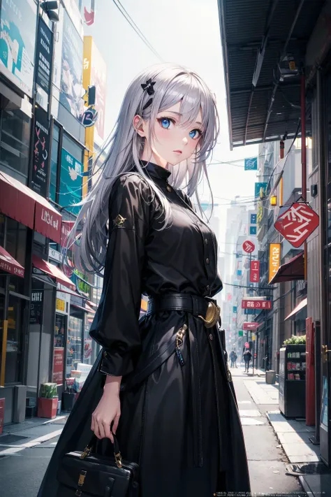 anime girl in black dress standing on street corner with handbag