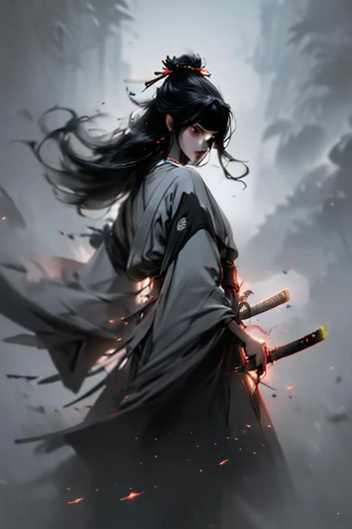 (best quality),ukiyoe style,ink splashes,silhouette art,samurai,ultra highres,absurdres,red and black,holding katana,from behind,<lora:md2:0.7>,katana,KATANA,<lora:bamboo hat_20231205142238:0.7>,bamboo,KatanaOneHand,