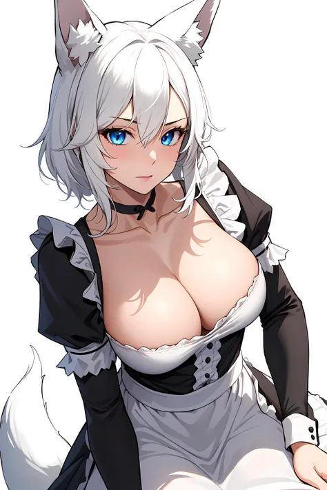 1girl, solo, mature, mature female, milf, 
white hair, fox ears, fox tail,
blue eyes,
maid, maid dress, black dress, white apron, juliet sleeves, long sleeves, cleavage, collarbone,
white background,