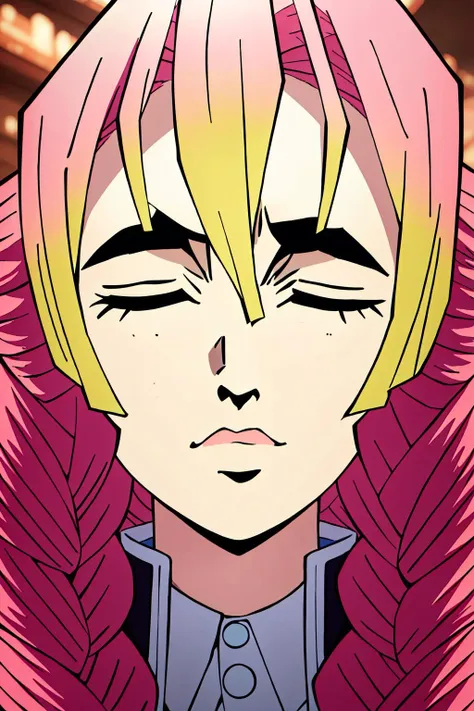 a close up of a person with pink hair and a pink jacket