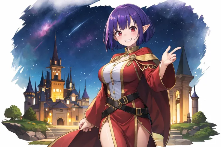 masterpiece, best quality, 1girl, solo, short hair, bob cut, walking, elf,  purple hair, red eyes, fully clothed, wizard robe,outside, in front of an ancient castle, starry sky, dynamic pose, grin, smile, gigantic breasts, fully clothed <lora:Dishwasher-Te...