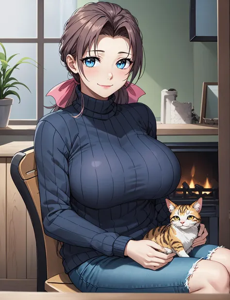 anime girl with blue eyes sitting in a chair holding a cat