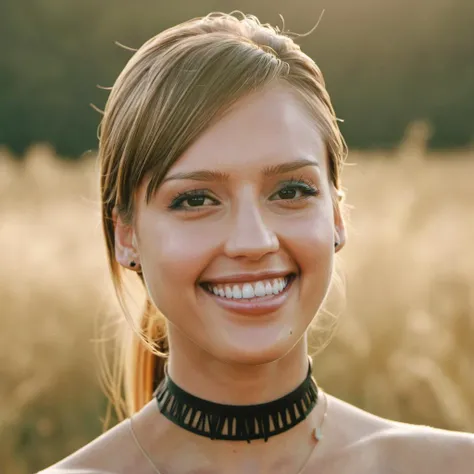 Skin texture, no makeup, Super high res closeup portrait photo of a woman outdoors with straight hair, wearing a small string choker around her neck,f /2.8, Canon, 85mm,cinematic, high quality,looking at the viewer, smiling,  <lora:jesalba_xl_1_standard_me...