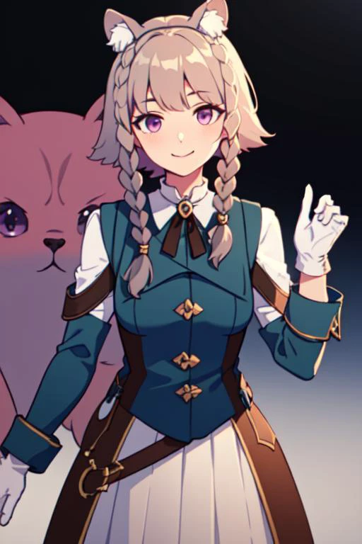 (masterpiece, best quality:1.2), <lora:Ishar-10:0.8>, defaultTP, braid, purple eyes, twin braids, animal ears, gloves, brown hair, skirt, white gloves, grey hair, animal ear fluff, side braid, looking at viewer, smile, cowboy shot