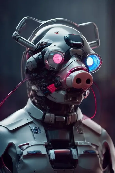 a close up of a robot with a pig head and a pair of glasses