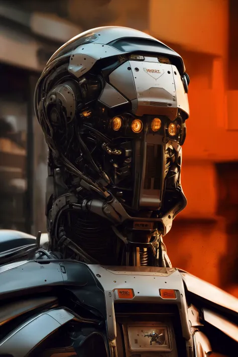 a close up of a robot with a helmet on and a car in the background