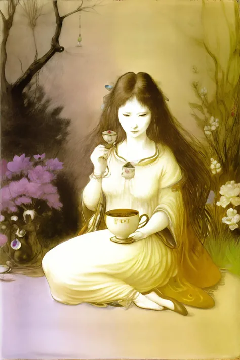 <lora:yoshitakaamano:0.8>, amano, woman holding mug of tea, sitting in garden, <clip:skip:2>, masterpiece, 8k, high resolution, shallow depth of field, sharp focus