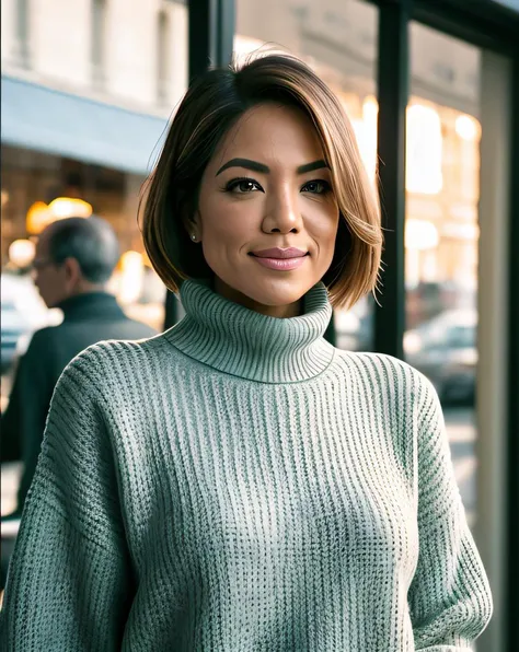 photo of (P4m3l4Silv401:0.99), a woman, RAW, close portrait photo, (wearing a turtle neck pullover:1.2), standing in front of a (french caf:1.2), RAW candid cinema, 16mm, color graded portra 400 film, remarkable color, ultra realistic, textured skin, remar...