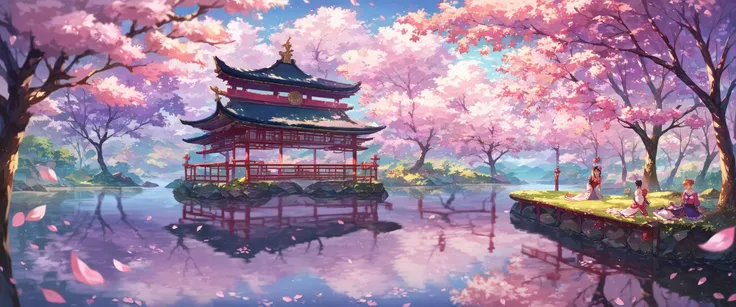 anime scenery of a pagoda and a lake with pink flowers