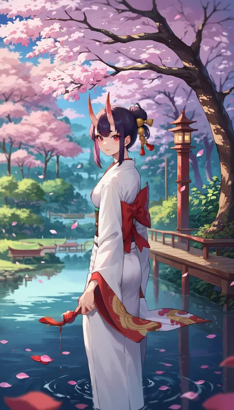 a woman in a kimono outfit standing in front of a pond