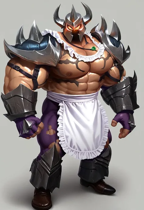 pentakaiser, armor, helmet, glowing eyes, bara, huge muscles, frills, kneehighs, apron