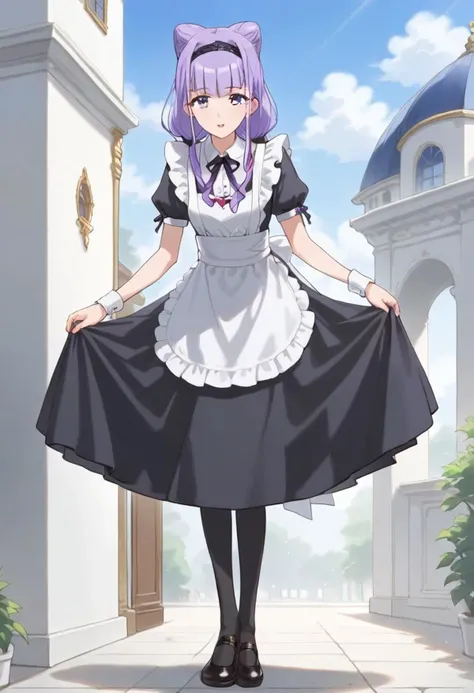 core_9, score_8_up, score_7_up,
BREAK source_anime,best quality,masterpiece, rating_safe, 1girl, solo, 
BREAK ruru amour, purple hair, bangs, hair cones, purple eyes, black hairband, low twintails, 
BREAK <lora:maid_Pony_V1.0:1> ((jyojifuku,frills)),((knee...