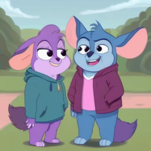 two cartoon dogs standing next to each other in a field