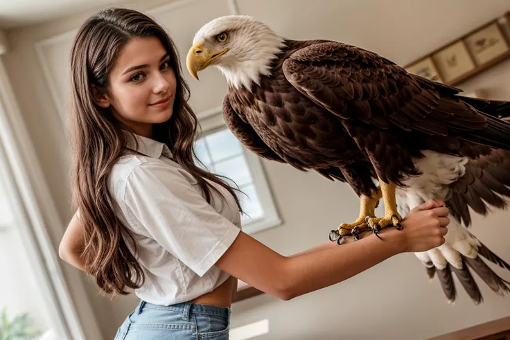 from below,from side and behind,photo of a 18 year old girl,standing,a eagle standing on her arm,happy,looking at viewer,ray tracing,detail shadow,shot on Fujifilm X-T4,85mm f1.2,depth of field,bokeh,motion blur,<lora:add_detail:1>,