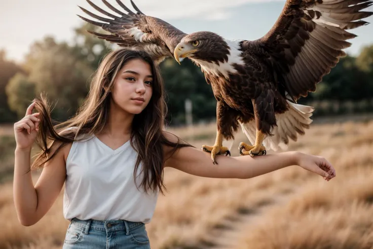 photo of a 18 year old girl,standing,a eagle standing on her arm,happy,ray tracing,detail shadow,shot on Fujifilm X-T4,85mm f1.2,sharp focus,depth of field,blurry background,bokeh,lens flare,motion blur,<lora:add_detail:1>,