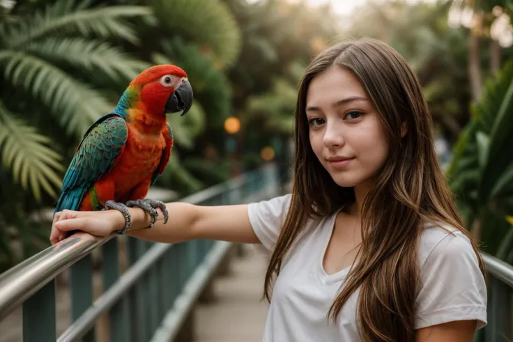 from below,photo of a 18 year old girl,standing,a parrot standing on her arm,happy,ray tracing,detail shadow,shot on Fujifilm X-T4,85mm f1.2,sharp focus,depth of field,blurry background,bokeh,lens flare,motion blur,<lora:add_detail:1>,