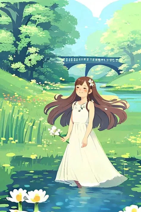 1girl, dress, flower, solo, outdoors, white dress, lily pad, water, grass, long hair, bridge, brown hair, scenery, long dress, river, holding,  flower, pond,  nature, sleeveless, day, (illustration:1.0), masterpiece, best quality, <lora:Child illustrationa...