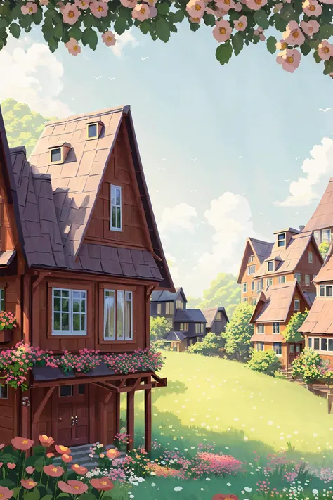 flower, outdoors, no humans, building, window, bird, house, tree, bush, chimney, scenery, (illustration:1.0), masterpiece, best quality, <lora:Child illustrationa_20230804152414:0.76>