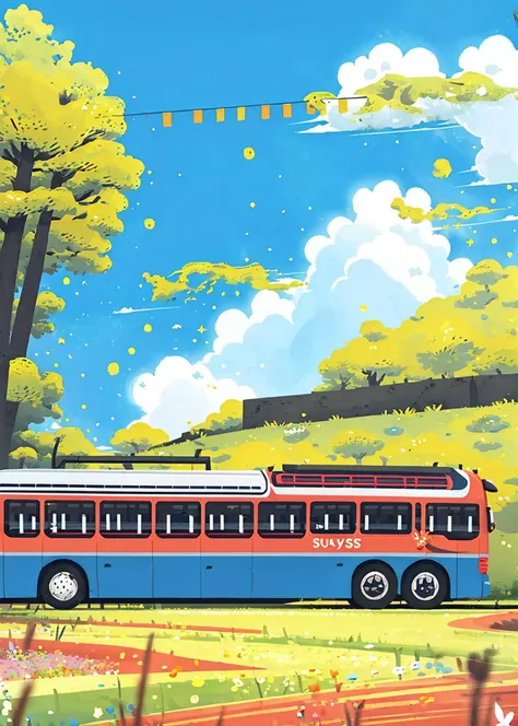 Sky, outdoor, ground vehicle (bus), clouds, flower, car, day, nobody, blue sky,<lora:Child illustrationa_20230804152414:0.75>