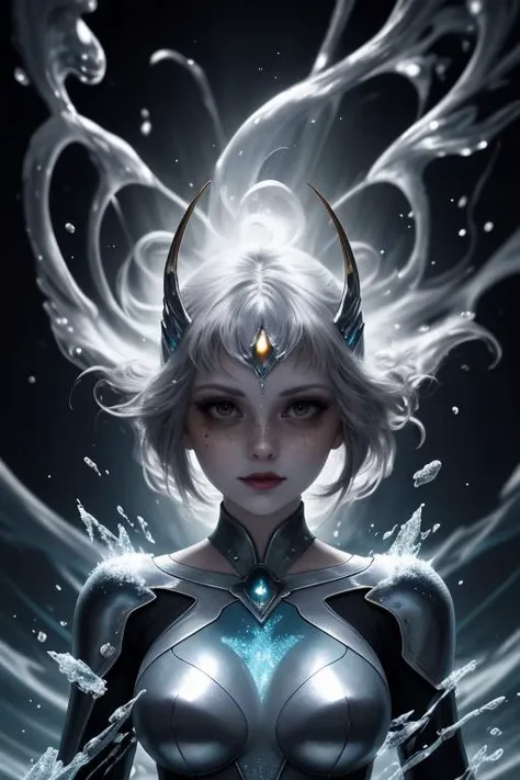 a woman with white hair and horns in a dark background