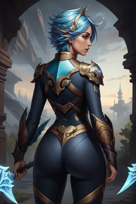 (masterpiece, best quality), intricate details, (fractal art:1.2), 
(1girl),   
 <lora:Frostblade_Irelia:0.8> frostblade irelia, 1girl, short hair, blue hair, bodysuit, detached sleeves,  
from behind, ass focus,