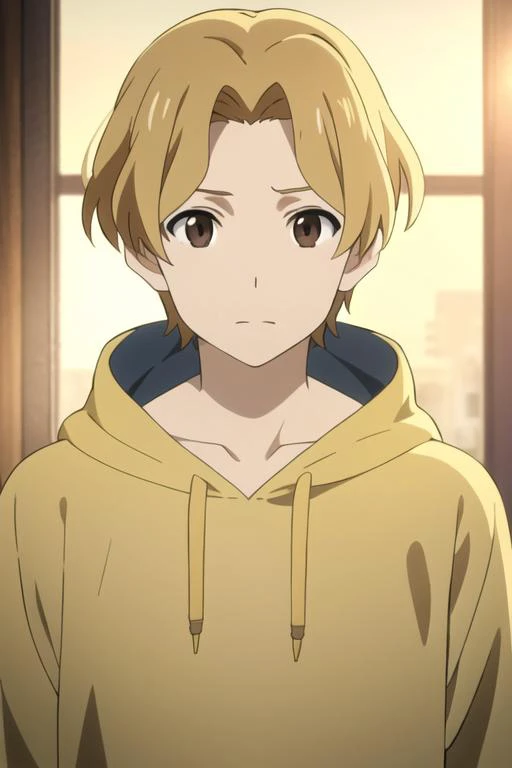 masterpiece, best quality, high quality, 1boy, solo, male focus, looking at viewer, upper body, <lora:yoshifumi_aoki:0.68>, yoshifumi_aoki, blonde hair, brown eyes, , hoodie