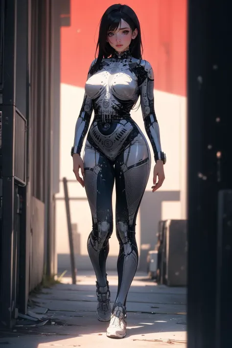 a woman in a futuristic suit walking down a street